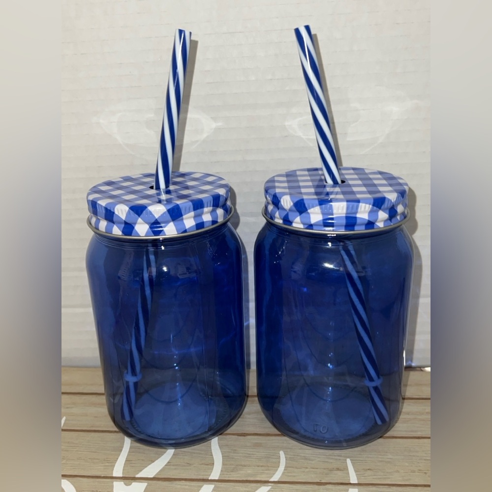 New Set of 2 Blue Glass Mason Jar Tumblers with Straws – Gingham Lid